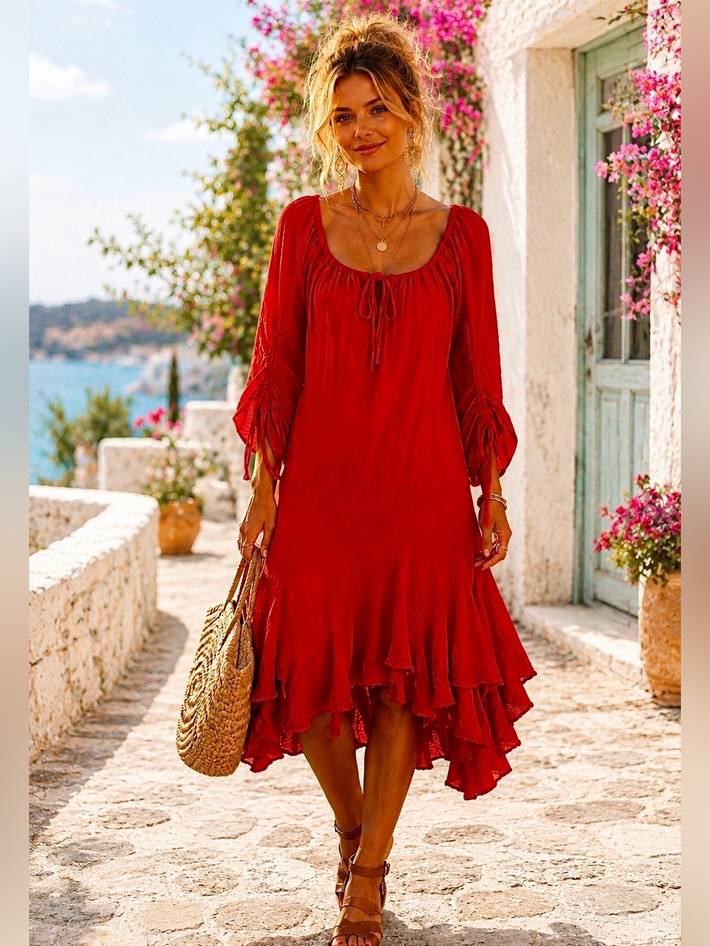 Zootzu Red 100% Cotton Boho Midi Dress L Lace Up Back Cottagecore